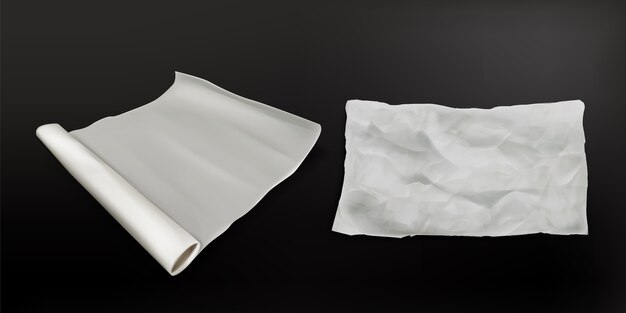 Papel de hornear realista, rollo de pergamino resistente a la grasa para cocinar, textura de hoja arrugada blanca y vista superior del nuevo rollo desplegado. Utensilios de cocina de panadería aislados en la ilustración de vector 3d de superficie negra