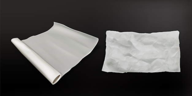 Papel de hornear realista, rollo de pergamino resistente a la grasa para cocinar, textura de hoja arrugada blanca y vista superior del nuevo rollo desplegado. Utensilios de cocina de panadería aislados en la ilustración de vector 3d de superficie negra