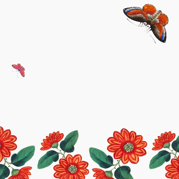 Papel pintado chino con flores y mariposas.