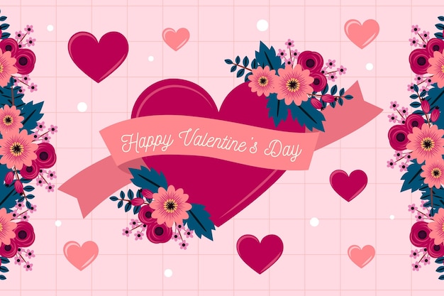 Vector gratuito papel pintado de san valentín de diseño plano con corazón floral