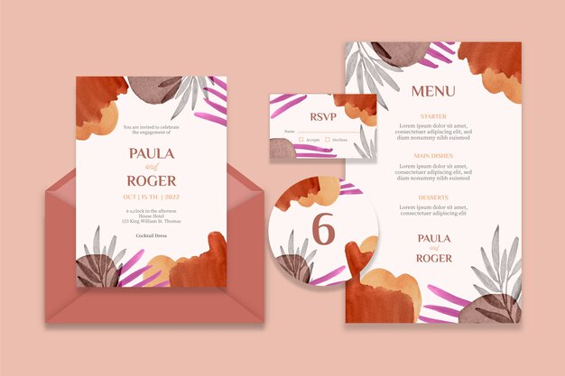 Papelería de boda de acuarela
