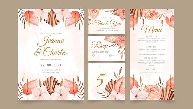 Vector gratuito papelería de boda boho acuarela