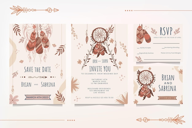 Vector gratuito papelería de boda boho detallada