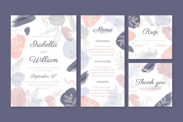 Papelería de boda dibujada a mano en acuarela