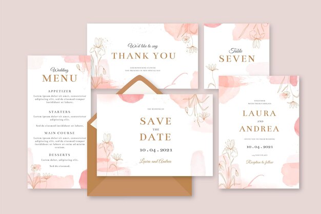 Papelería de boda dibujada a mano en acuarela