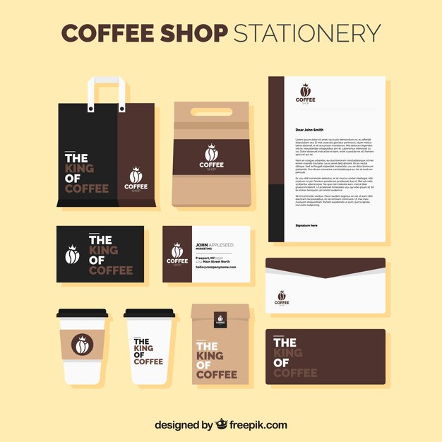 Papelería de cafetería en diseño plano 