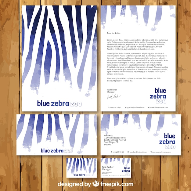 Papelería de cebra de acuarela azul