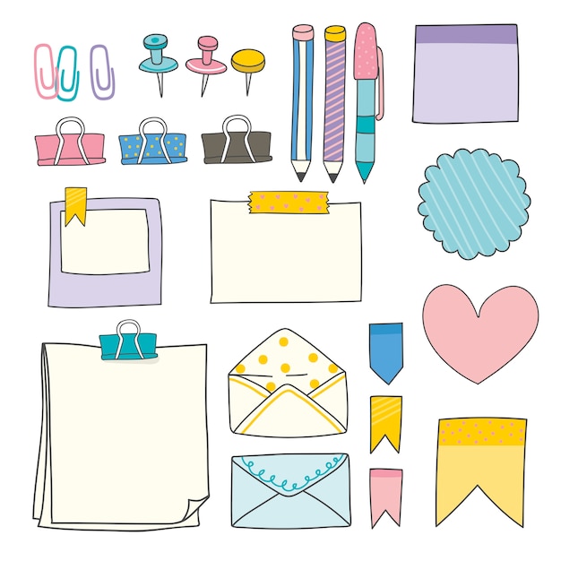 Papelería colorida colección de suministros.