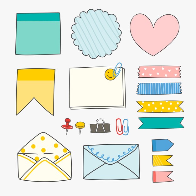 Papelería colorida colección de suministros.