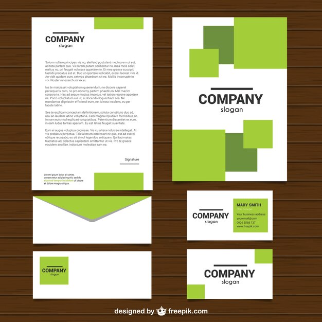 Papelería de empresa con formas cuadradas verdes