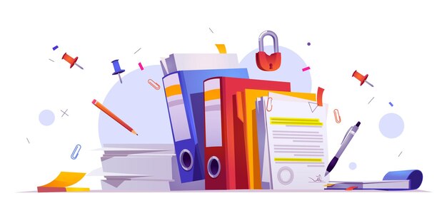 Papelería de oficina y documentos en papeleo de escritorio