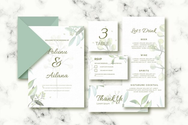 Papelería variada para bodas en tonos verdes