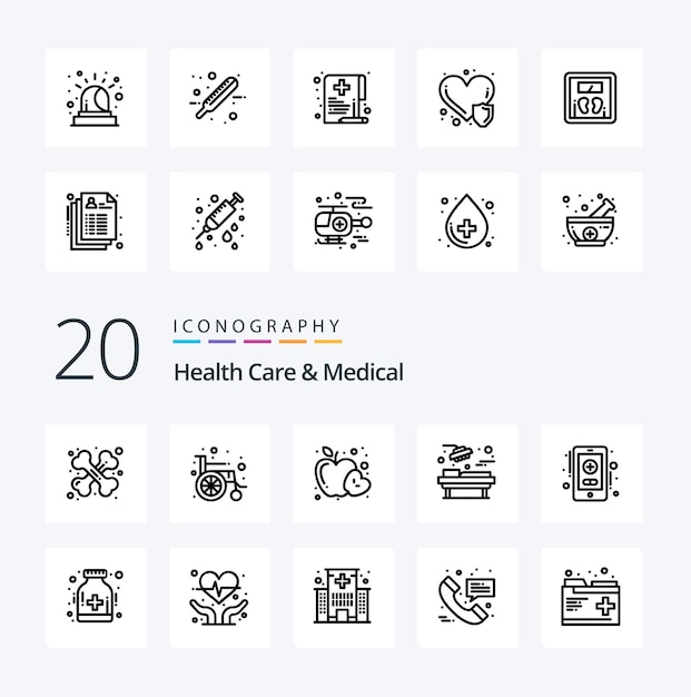 Paquete de 20 íconos de atención médica y línea médica como atención médica en línea cirugía de alimentos médica