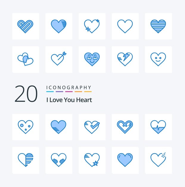 Paquete de 20 íconos de color azul del corazón como regalo de latido del tic del corazón del corazón
