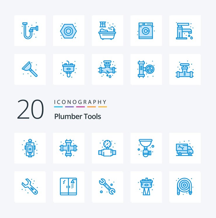 Vector gratuito paquete de 20 iconos de color azul de plomero como fregadero, plomero, plomería, tubería, plomero