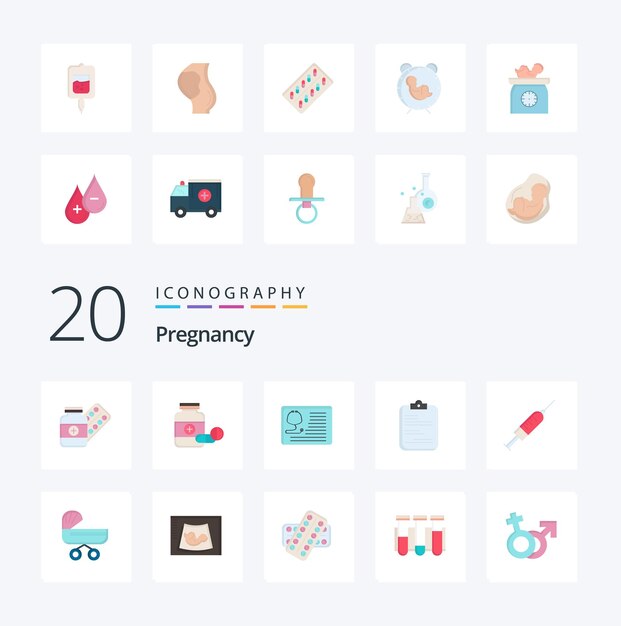 Paquete de 20 iconos de color plano de embarazo como papel de documento médico médico