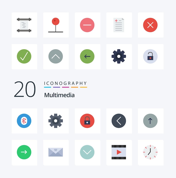 Vector gratuito paquete de 20 iconos de color plano multimedia como reproductor multimedia reproductor multimedia multimedia multimedia