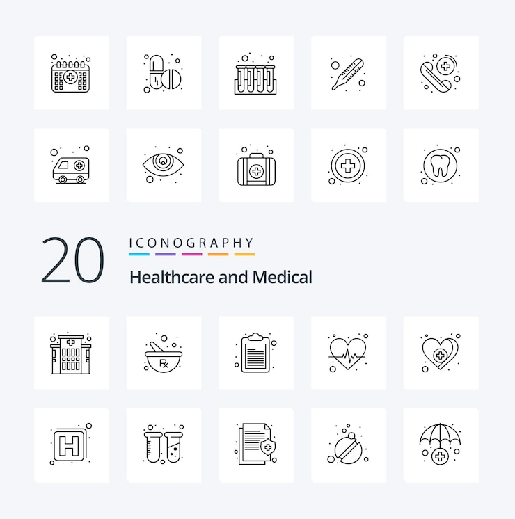 Paquete de 20 iconos de línea médica como documento de cuidado de amor pulso cardíaco
