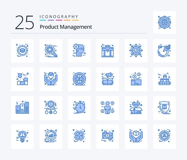 Paquete de 25 íconos de color azul de gestión de productos que incluye productividad de bolsa de cerebro de maletín externo