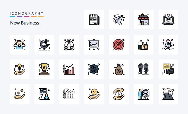 Paquete de 25 iconos de estilo lleno de nueva línea de negocio