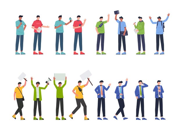 Paquete de 4 juegos de hombre de carácter, 16 poses diferentes, estilos de vida, carrera y expresiones de cada personaje en diferentes gestos.
