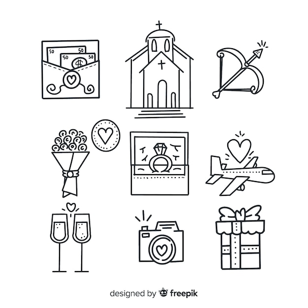 Vector gratuito paquete de adornos de boda decorativos dibujados a mano