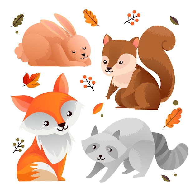 Paquete de animales del bosque otoñal dibujado a mano
