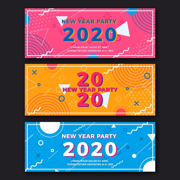 Paquete de banners de fiesta de año nuevo 2020 de diseño plano