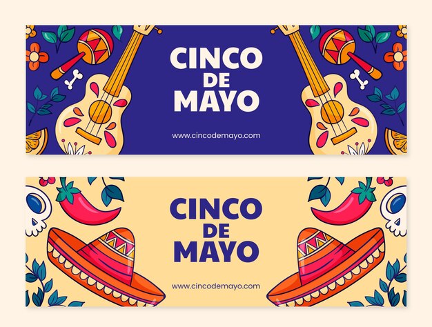Paquete de banners horizontales de cinco de mayo dibujados a mano