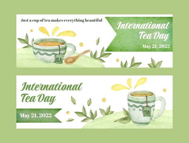 Vector gratuito paquete de banners horizontales del día internacional del té en acuarela