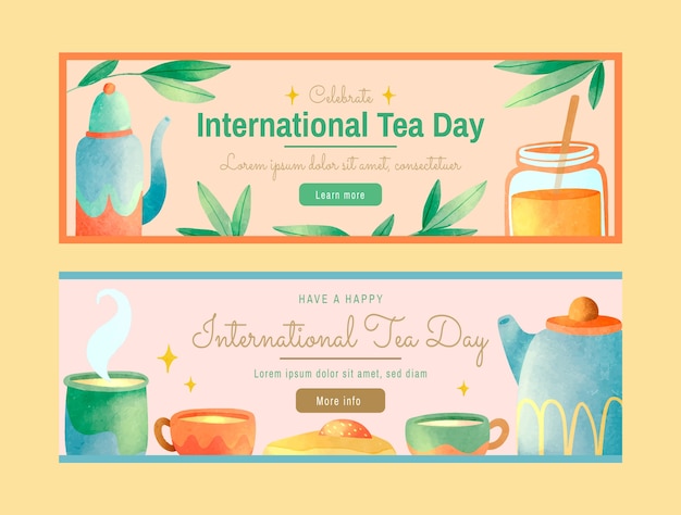 Paquete de banners horizontales del día internacional del té en acuarela