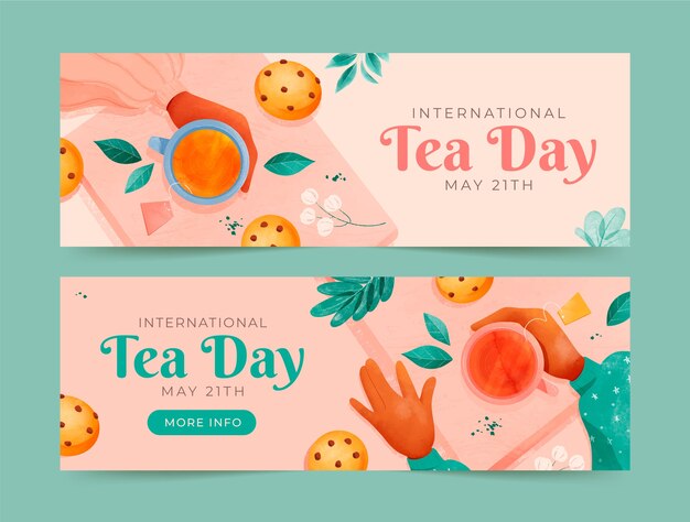 Paquete de banners horizontales del día internacional del té en acuarela