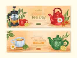 Vector gratuito paquete de banners horizontales del día internacional del té en acuarela