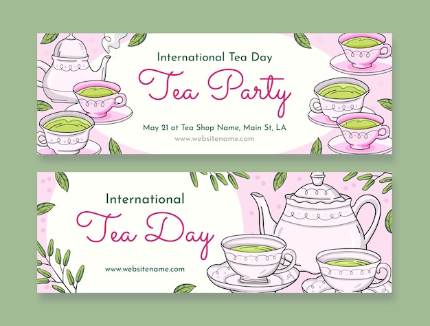 Vector gratuito paquete de banners horizontales del día internacional del té dibujado a mano