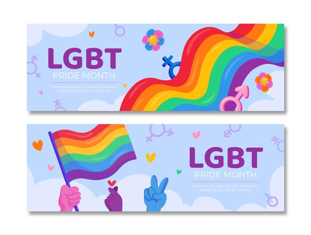 Paquete de banners horizontales del orgullo lgbt plano del mes del orgullo