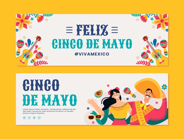 Paquete de banners horizontales planos de 5 de mayo