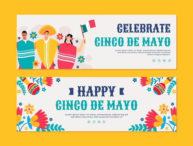 Paquete de banners horizontales planos de 5 de mayo