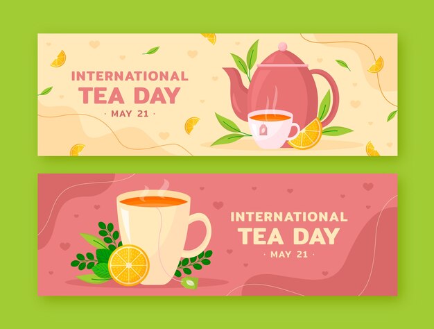 Paquete de banners horizontales planos del día internacional del té