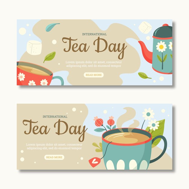 Paquete de banners horizontales planos del día internacional del té