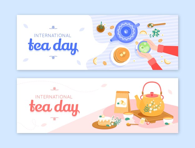 Paquete de banners horizontales planos del día internacional del té