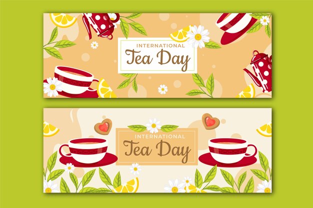 Paquete de banners horizontales planos del día internacional del té