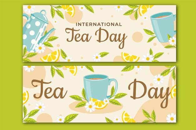 Paquete de banners horizontales planos del día internacional del té