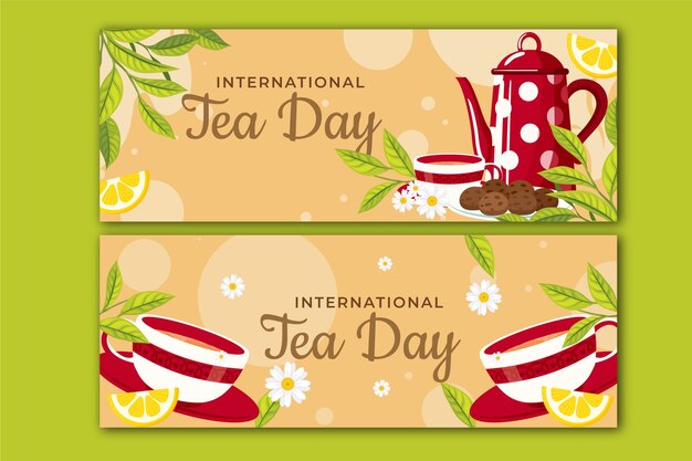 Paquete de banners horizontales planos del día internacional del té