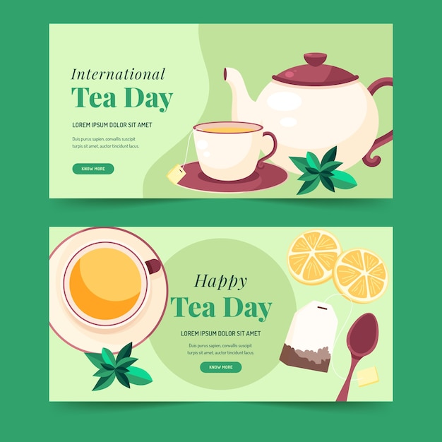 Paquete de banners horizontales planos del día internacional del té