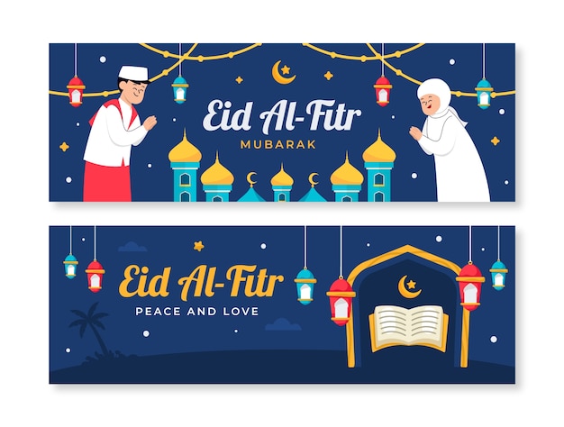 Paquete de banners horizontales planos de eid al-fitr