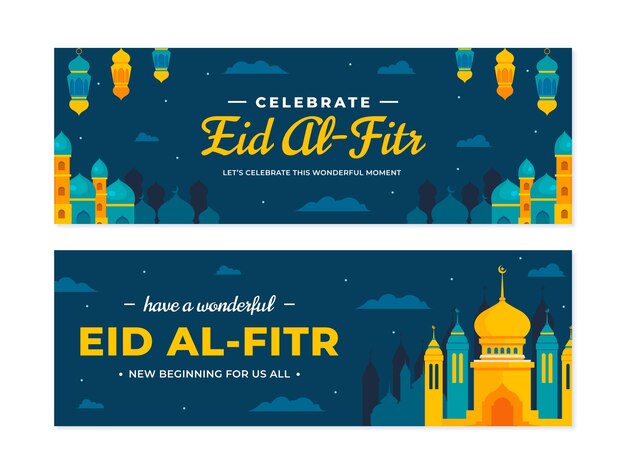 Paquete de banners horizontales planos de eid al-fitr
