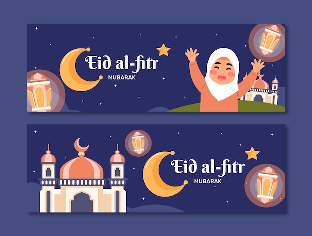 Paquete de banners horizontales planos de eid al-fitr