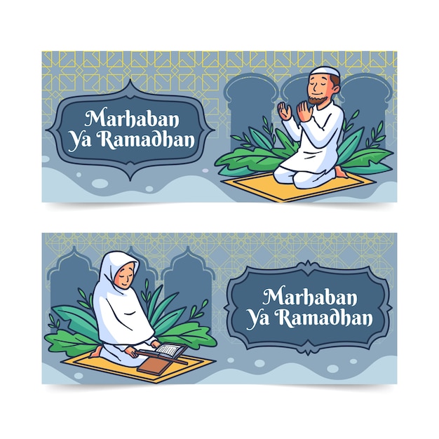 Paquete de banners horizontales de ramadán dibujados a mano