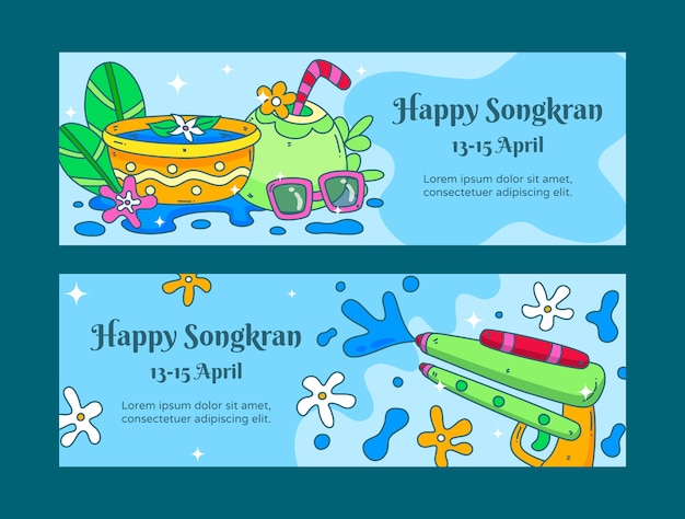 Paquete de banners horizontales de songkran dibujados a mano