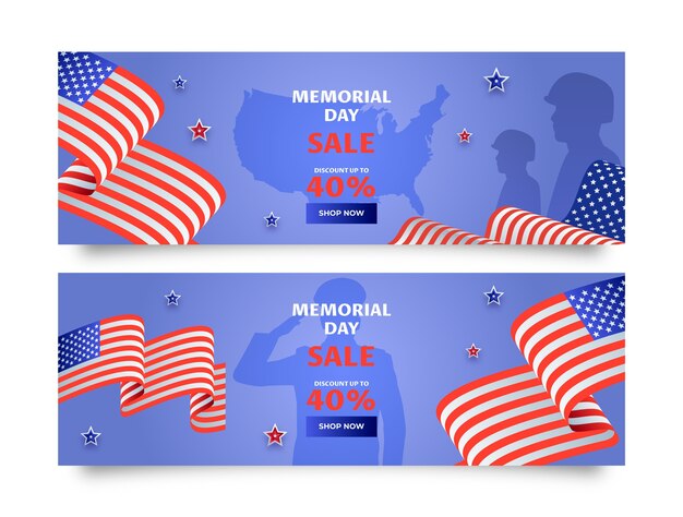 Paquete de banners horizontales de venta de memorial day degradado